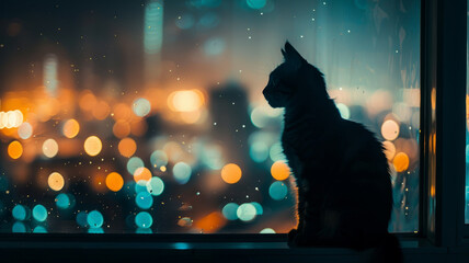 A cat silhouetted against a window at night - obrazy, fototapety, plakaty