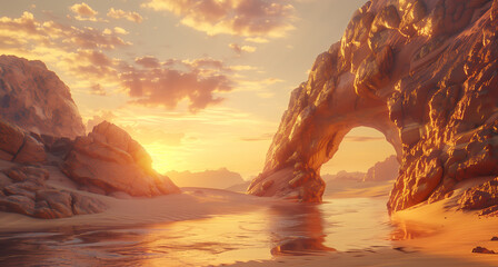 fantasy mountain at sunset, artistic illustration of curved cliff with entrance hole and dramatic sky, scenic canyon at desert