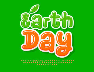 Vector eco poster Earth Day with decorative Leaf. Artistic Alphabet Letters and Numbers set. Orange handwritten Font.