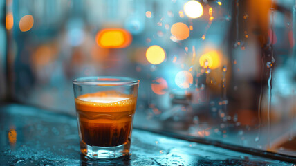 A glass of espresso on a bar counter with bokeh lights - obrazy, fototapety, plakaty