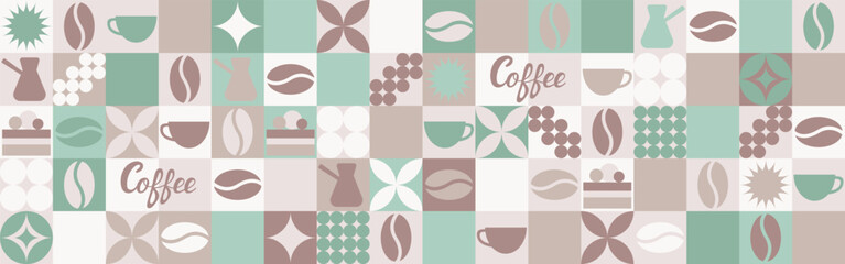 Coffee seamless background for textile and wallpaper with geometric shapes and coffee beans. Fashionable splash template with a cup in brown and green tones.
