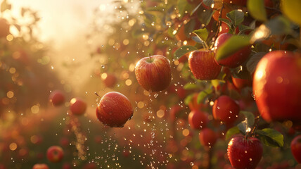 Red apples on tree with water sprinkles.