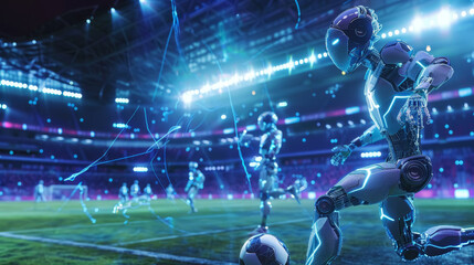 Robotic Soccer Player on the Field in a Futuristic Stadium