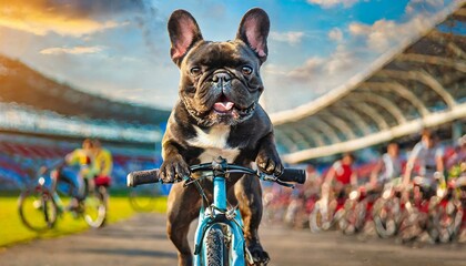 black french bulldog dog riding a bicycle (AI) - obrazy, fototapety, plakaty