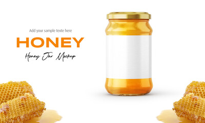 Clear Glass Honey Jar Mockup for Packaging Label 3D Rendering on Isolated Background