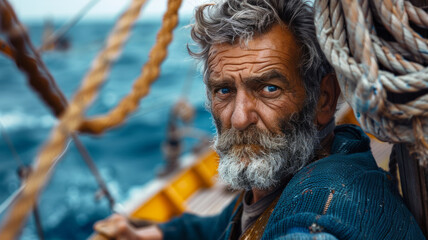 Elderly sailor with a beard at sea - obrazy, fototapety, plakaty