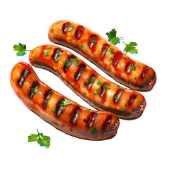 Three hot dogs topped with ketchup and parsley