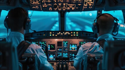 back view of captain pilot and co-pilot in airplane cabin, team two pilots in plane cockpit, professional aviation