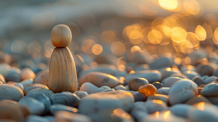 Wooden figure on pebbles at sunset - obrazy, fototapety, plakaty