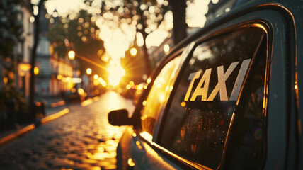 A taxi car in a city at sunset