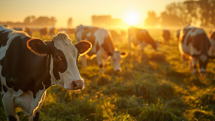 Cows grazing in field at sunrise. - obrazy, fototapety, plakaty