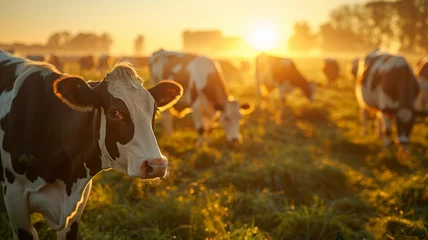 Fotobehang Cows grazing in field at sunrise. © SashaMagic