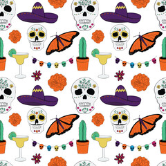 Mexican seamless pattern Vector illustrations 5 may Cinco de Mayo Traditional mexican symbols Skulls cactus Tequila Flowers Plants Guitar Colorful digital background
