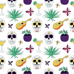 Mexican seamless pattern Vector illustrations 5 may Cinco de Mayo Traditional mexican symbols Skulls cactus Tequila Flowers Plants Guitar Colorful digital background
