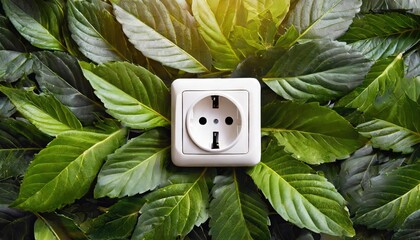 Eco-Friendly Energy Concept, Power Socket Surrounded by Lush Green Leaves