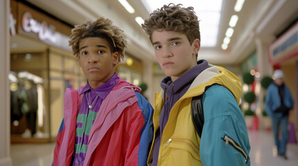 Teen Boys Standing in a Shopping Mall Wearing 1980s Fashion