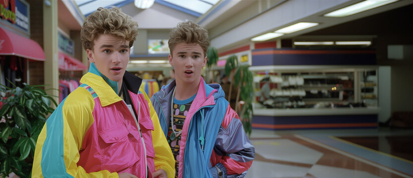 Teen Boys Standing in a Shopping Mall Wearing 1980s Fashion