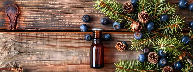 juniper essential oil in a bottle. Selective focus.
