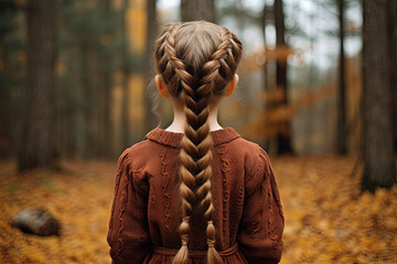 Young girl with braided hair. Braid model back photo. - obrazy, fototapety, plakaty
