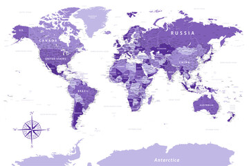 World Map - Highly Detailed Vector Map of the World. Ideally for the Print Posters. Purple Lilac Spot Beige Retro Style. - obrazy, fototapety, plakaty