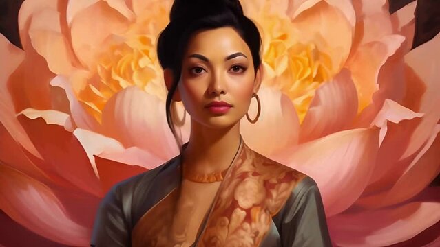 Graceful Asian young woman against the background of a blooming lotus flower