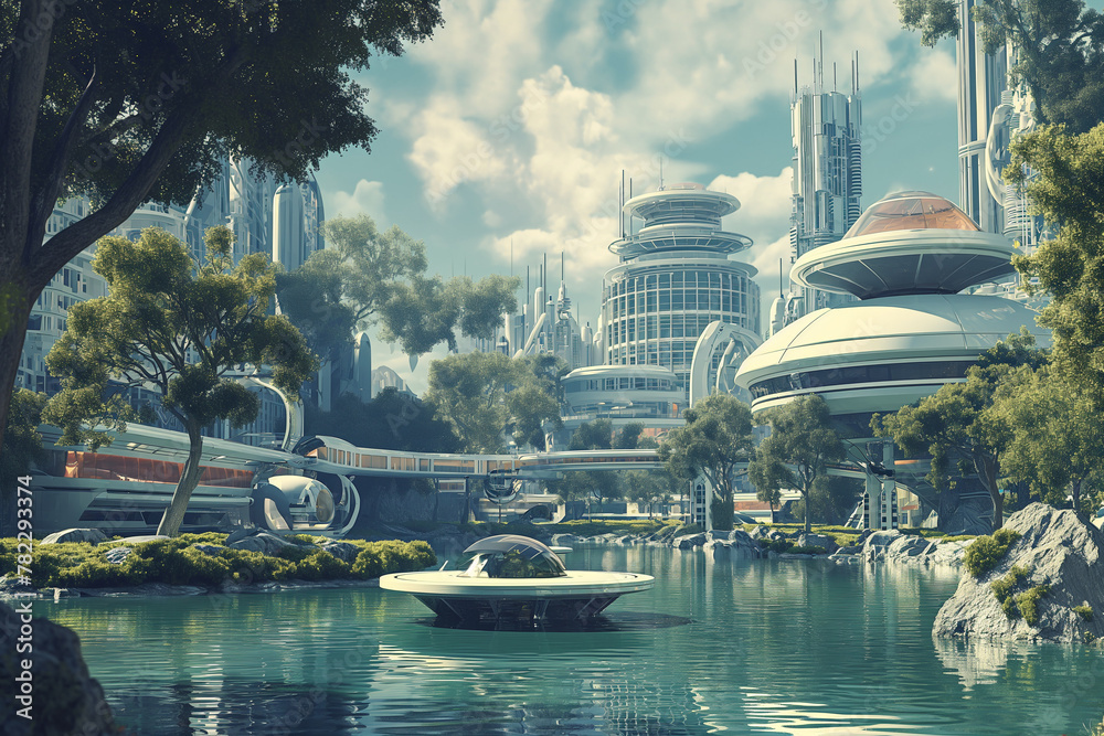 Poster retrofuturistic landscape in mid-century sci-fi style. retro science fiction scene with futuristic c