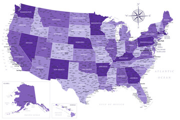 United States - Highly Detailed Vector Map of the USA. Ideally for the Print Posters. Purple Lilac Spot Beige Retro Style - obrazy, fototapety, plakaty