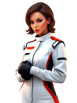 Stunning Pretty Glamorous Female Racing Driver On A Isolated Background Wearing Racing Dress And Helmet 300 PPI High Resolution PNG File