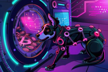 A cybernetic dog guarded a vault of Bitcoins its loyalty extending to the digital treasures within