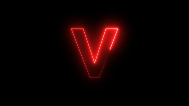 glowing neon effect with letter V alphabet on black background. video footage. 4k	