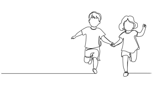 animated continuous single line drawing of toddler girl and boy running hand in hand, line art animation