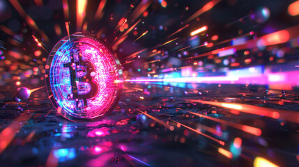 Coin with bitcoin logo in holographic digital space