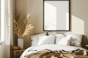 mockup design modern bedroom with blank poster on the wall in black frame, neutral colors, minimalist