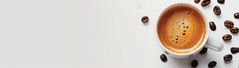 heißer Espresso und Kaffeebohnen . Weißer Hintergrund. Ansicht von oben