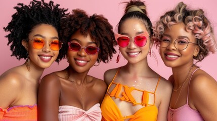 Obraz premium Stylish Squad: Women in Bathing Suits and Sunglasses