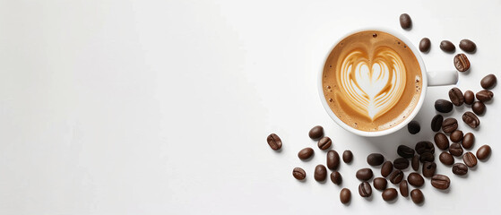 heißer Espresso und Kaffeebohnen . Weißer Hintergrund. Ansicht von oben - obrazy, fototapety, plakaty