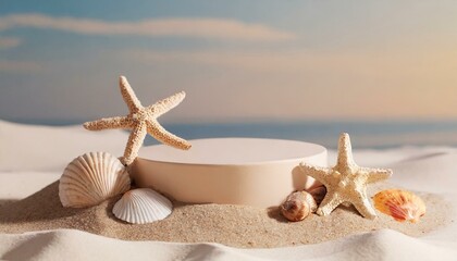 Fototapeta na wymiar Empty round beige platform podium with sea shells and starfish on white beach sand background