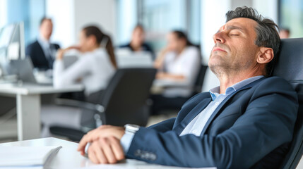 Exhausted office worker sleeping in his workplace - burnout, chronic fatigue, stress concept