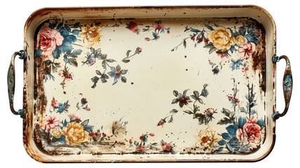 Vintage floral tray with rustic design.