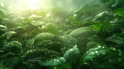 Beautiful close-up of dew drops and sun rays on cobweb-covered leaves in morning light, wide banner, copy space - obrazy, fototapety, plakaty