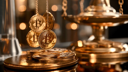 Fototapeta na wymiar Bitcoin coins suspended on gold chains as a symbol of wealth and abundance, conceptual image.