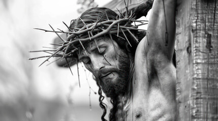Portrait of crucified Jesus Christ with crown of thorns - obrazy, fototapety, plakaty