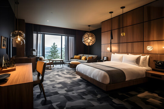Luxury meets eco-friendly design: Sophisticated hotel room with modern amenities and stylish decor