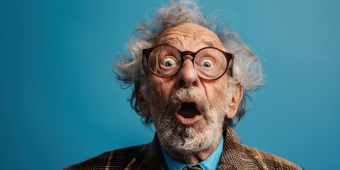 Elderly Male with Awestruck Expression Gazing with Amazement on Blue Background