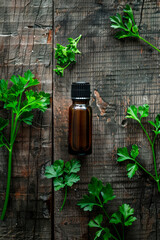 patchouli essential oil in a bottle. selective focus.