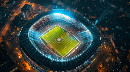 Nighttime Aerial View of Illuminated Football Stadium