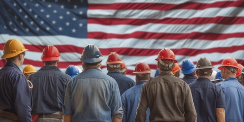 Fototapeta na wymiar usa labor workers positioning at right of image,shot from behind,usa flag
