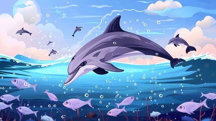 Dolphins leaped through waves of digital information each jump collecting Bitcoins like pearls of the sea - obrazy, fototapety, plakaty
