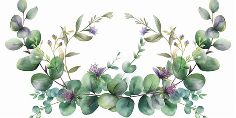Watercolor vector wreath with green eucalyptus leaves, purple flowers and branches. - obrazy, fototapety, plakaty