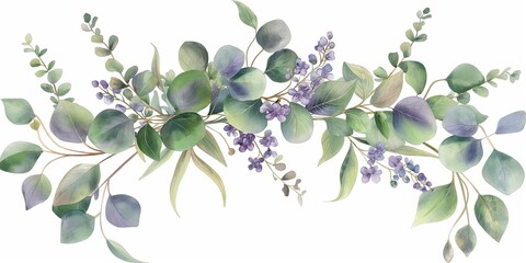 Watercolor vector wreath with green eucalyptus leaves, purple flowers and branches. - obrazy, fototapety, plakaty